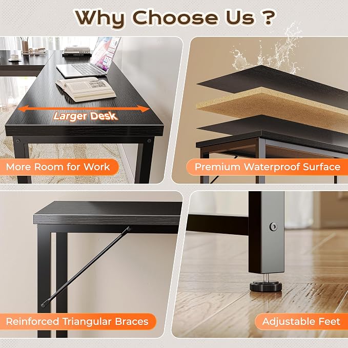 Huuger 55 Inch L Shaped Desk with Power Outlets & 0.95 Inch Thicker Desktop | Reversible Computer Desk, Larger Office Corner Gaming Desk, Metal Frame, for Home Office, Study, Black