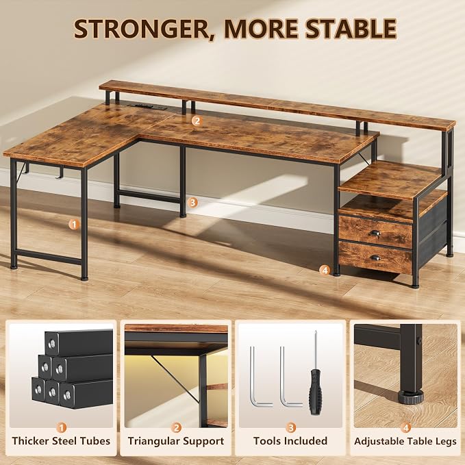 Korfile 66" L Shaped Computer Desk,Power Outlets,LED,Drawers,Rustic Brown | 66 inch L shaped Computer Gaming Desk with Power Outlets,Reversible Corner Design with Drawers,LED Lights,Office Gaming Work