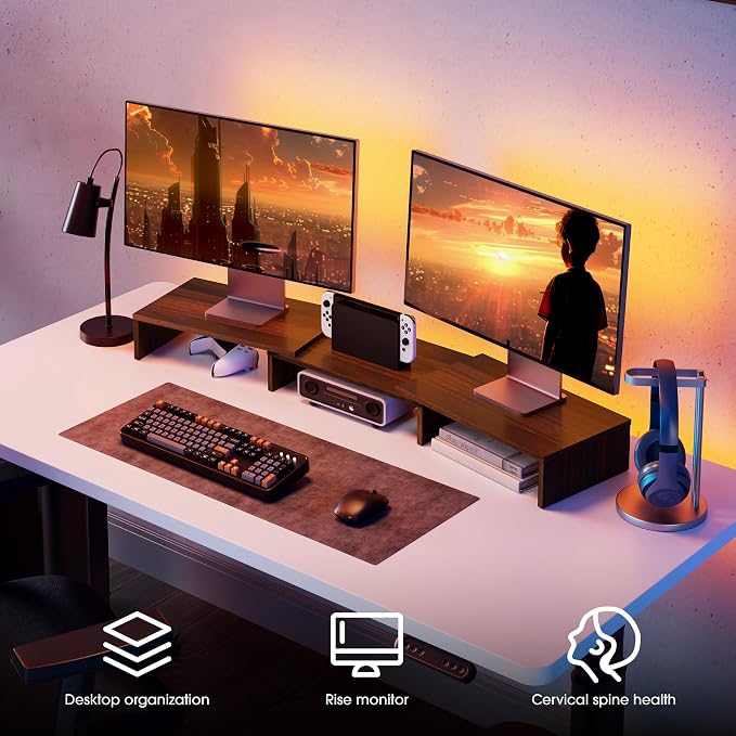 FITUEYES Dual Monitor Stand Riser, Adjustable Length and Angle, Brown | Wooden 3-Shelf Design, Supports up to 55lbs, Flexible for Standard Corner Space, Holds Monitor, Laptop, Phone, Printer