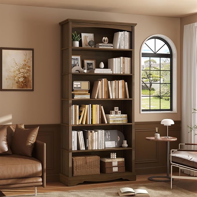 TVU 6-Tier Wooden Bookshelf, 76 Inch Tall Bookshelf with Storage, Floor Standing Modern Style Display Bookcase for Living Room, Office, Study Room, Entryway, Brown