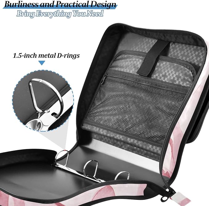 Watercolor Pink Bow Zipper Binder 3 Ring Binder with Shoulder Strap 500 Sheet Capacity Storage Organizer File Folder