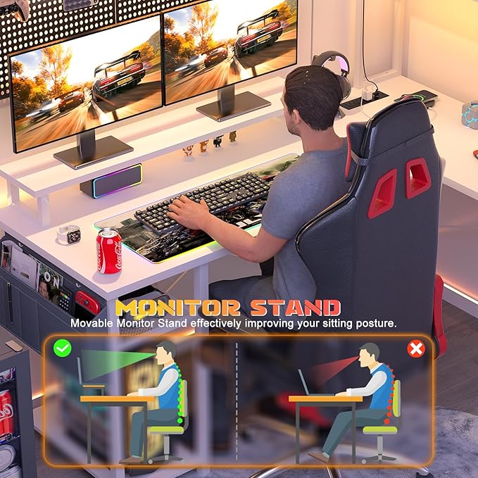 Aheaplus Small L Shaped Desk with Charging Port & LED Strip, Reversible L-Shaped Gaming Desk Computer Desk with Monitor Stand & Storage Shelf, Corner Desks Home Office Desk with Storage Bag, White