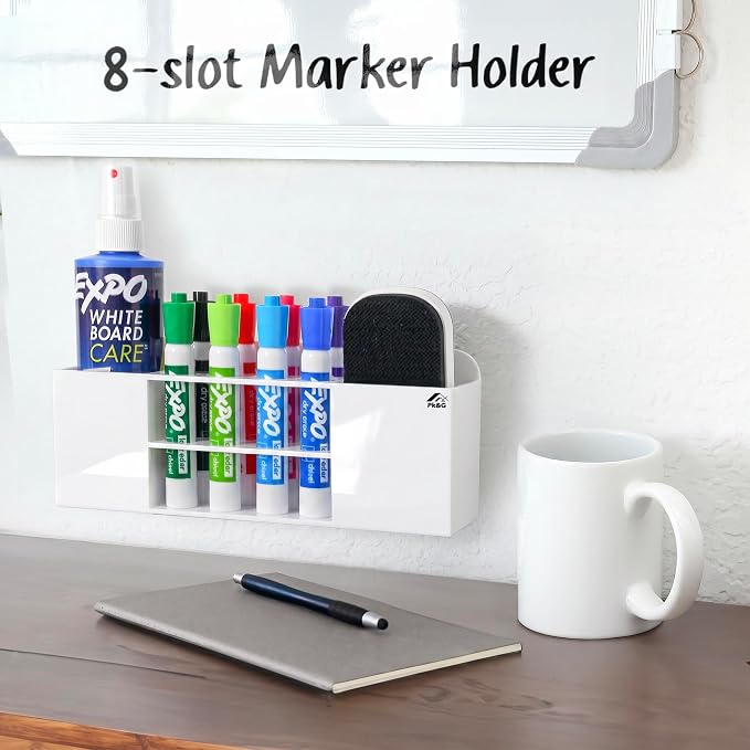 Strong magnetic dry-erase whiteboard holder, 8-slot acrylic pen organizer with glass and wall mounting hardware for refrigerator, office, and classroom. Markers, Eraser, Cleaner Not Included (White)