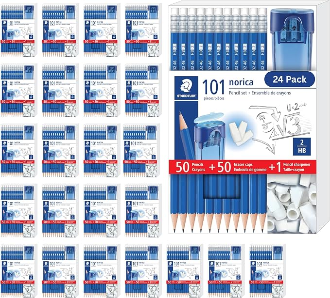 STAEDTLER Norica Pencil Set 50 Pencils + 50 Eraser Caps + Sharpener 24 Pack