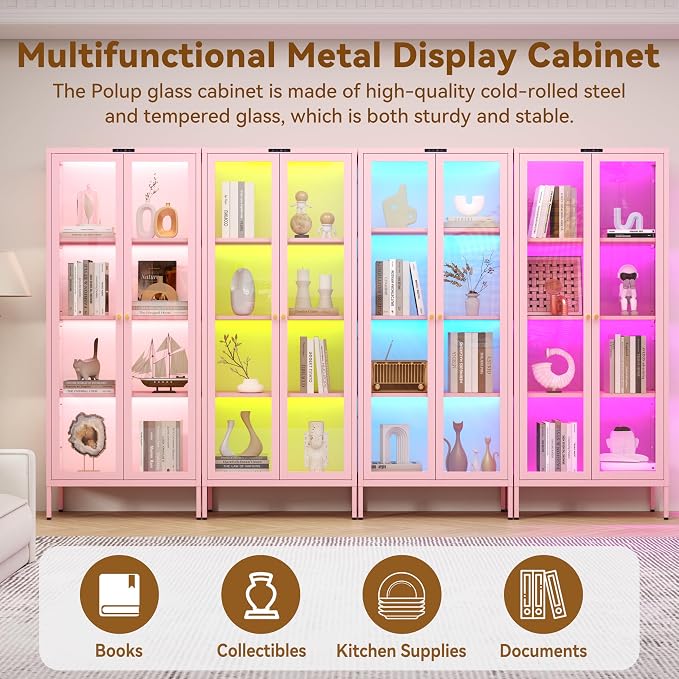 Polup 66" Pink Glass Display Cabinet with 8-Color LED for Collectibles | Metal Frame & Tempered Glass Doors, Motion Sensor LED, 4-Tier Space, 3 Adjustable Shelves, for Indoor Plants & Figures