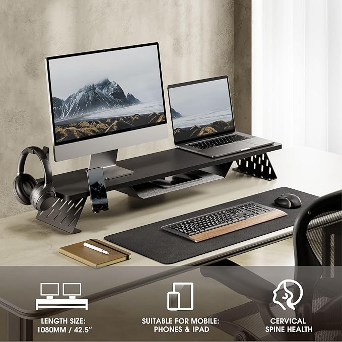 Fenge Dual Monitor Stand, Wooden Desk Shelf with Headphone & Phone Holder | 42.5" Monitor Riser with Storage Shelf, 2-Tier Monitor Shelf with Metal Leg for Home Office Organizer, Black