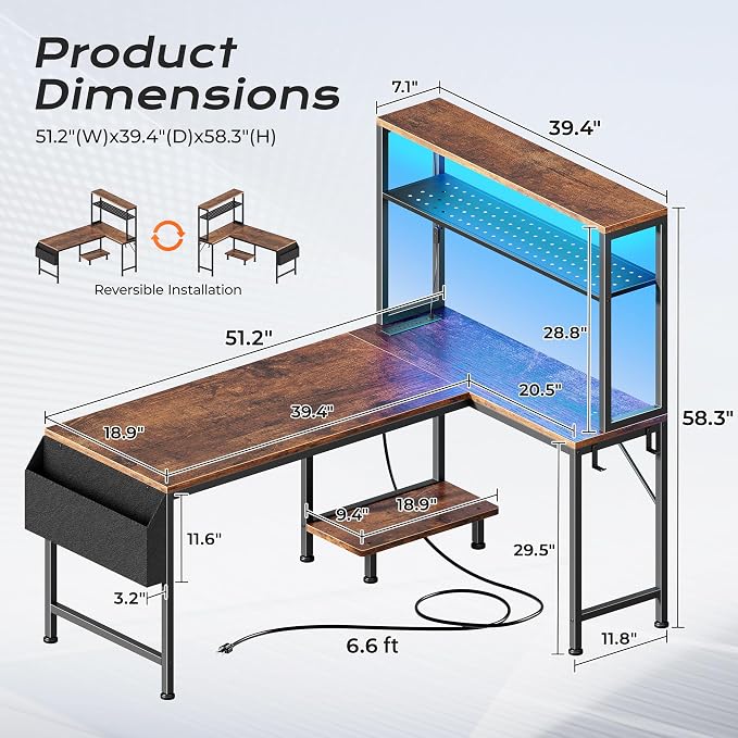 L Shaped Gaming Desk with LED Lights & Power Outlets | Reversible Computer Desk with Storage Shelves & Bag, Large Corner Home Office Desk for Work from Home, Rustic Brown