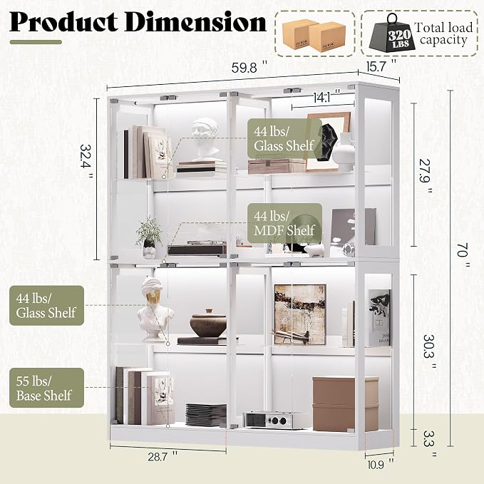 AMERLIFE 60-Inch RGB Display Cabinet with Glass Shelves | 70 H x 60 W x 16 D In, 4-Tier Storage, RGB LED Lights, Press-to-Open Doors, for Collectibles, White