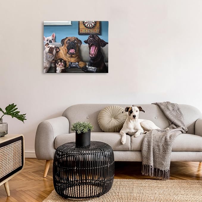 Stupell Industries Funny Dogs Playing Video Games Livingroom Pet Portrait, Designed by Lucia Heffernan Canvas Wall Art, Blue 30.00" x 40.00" | Stupell Industries · By Lucia Heffernan · Ready to hang · Playful gift for gamers and pet lovers · Made in USA