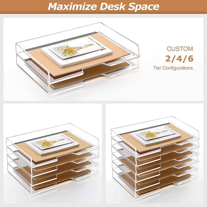 Acrylic Desk Organizer, Stackable Paper Organizer Letter Tray 4-Tier Clear | Enlarged File Organizer for Documents, Files, Letters, A4 Paper, Books, Notes, Mail & Paper Storage, Office Classroom Home