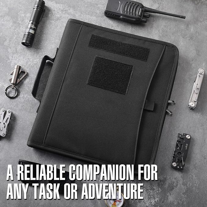 Kosibate Tactical Padfolio Portfolio Binder with Zipper and 25 Sheets of Letter Size Paper,Notebook Cover,Tactical Notebook with Zippered for Folders,Detachable 3-Ring Binder(A4,Black,13.5X 11.5Inch)