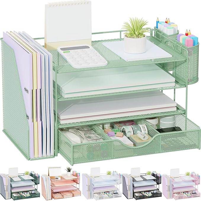 gianotter 4-Tier Desk Organizer with Drawers, File Holders, Letter Trays and Pen Holders - Workspace Accessories for Office Supplies (Sage Green)