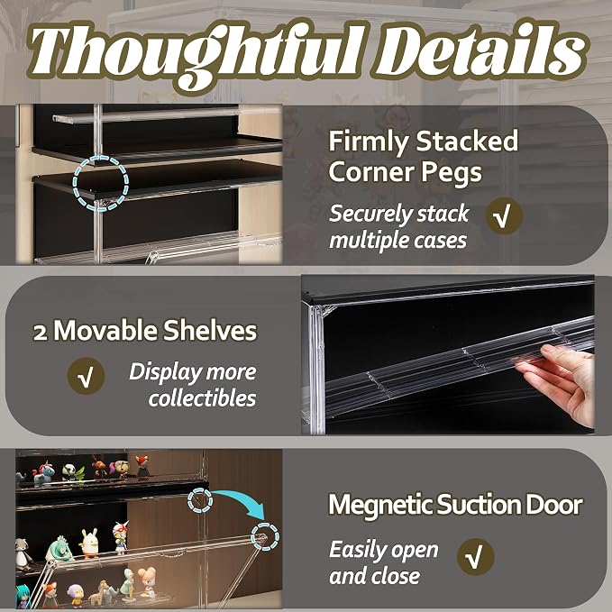 2PCS Clear Display Case for Collectibles, 3-Tier Adjustable Display Case with Led Light,Stackable Storage Bins with Magnetic Door for Jewelry (Black)