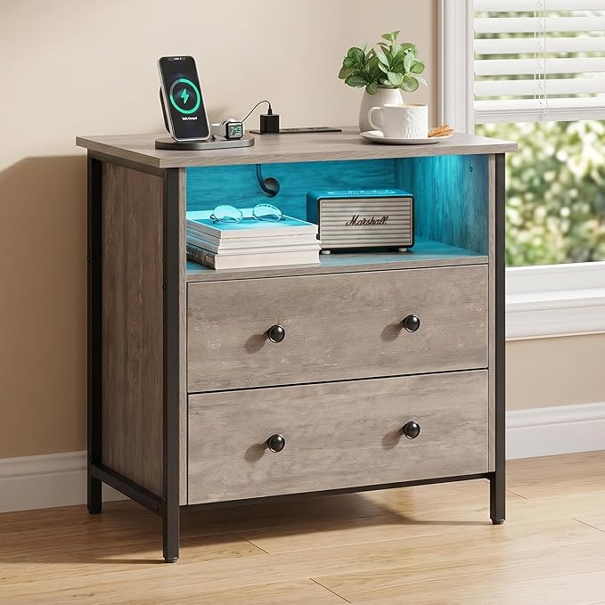 27 Inch LED Nightstand with Charging Station, 2 Drawers, Gray | RGB App Control, 2 AC Outlets & 2 USB Ports, Open Storage, Adjustable Feet, Wood Tall Nightstand for Bedroom or Office