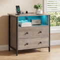 27 Inch LED Nightstand with Charging Station, 2 Drawers, Gray | RGB App Control, 2 AC Outlets & 2 USB Ports, Open Storage, Adjustable Feet, Wood Tall Nightstand for Bedroom or Office