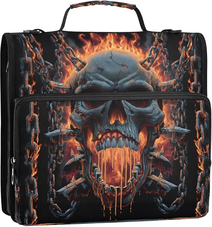 ALAZA Zipper Binder 3 Ring Skull Chain Flame Binder Organizer with Zipper and Shoulder Strap Large Capacity Multi-Pocket Trapper Keeper File Folder for Office Supplies