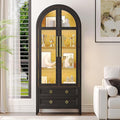 Arched Curio Cabinet with Glass Doors, 4-Tier Display Cabinet with 2 Drawers, Tall Bookcase with 3 Color Lights, Display Case, Kitchen Pantry, Black+Wood
