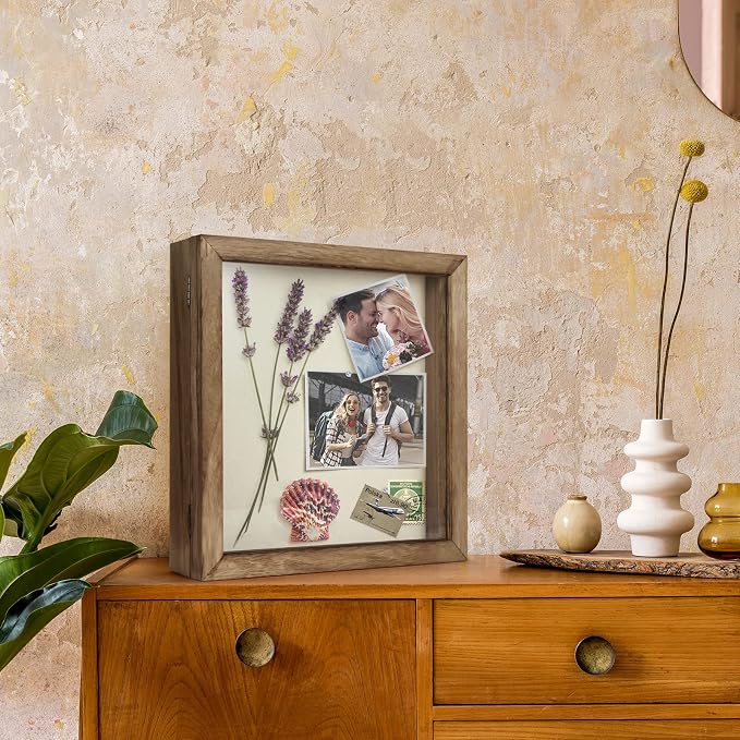 TJ.MOREE Shadow Box 12x12 Memory Display Case Wood Picture Frame Carbonized | Fits 10.6x10.6 Inserts with Linen Back & Glass, Rustic Keepsake Box for Pet Memorabilia Gifts Wedding Bouquet Military Medals