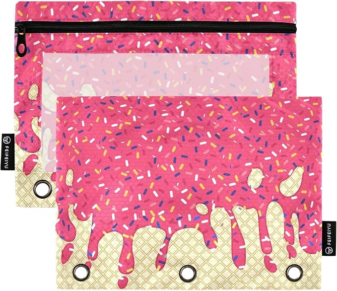 Red Ice Cream Print Pencil Pouch for 3 Ring Binder, 2 Pack Waterproof Pencil Bags Clear Window Pencil Case Zipper School Office Supplies