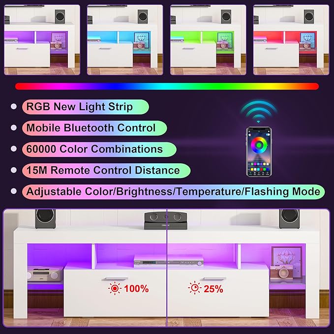 Clikuutory Modern Lighting 63 inch TV Stand with Large Storage Drawer for 50 55 60 65 70 75 Inch TVs, TV Console with 20 Color LED Lights, Entertainment Center Media and Open Shelf for Bedroom, White