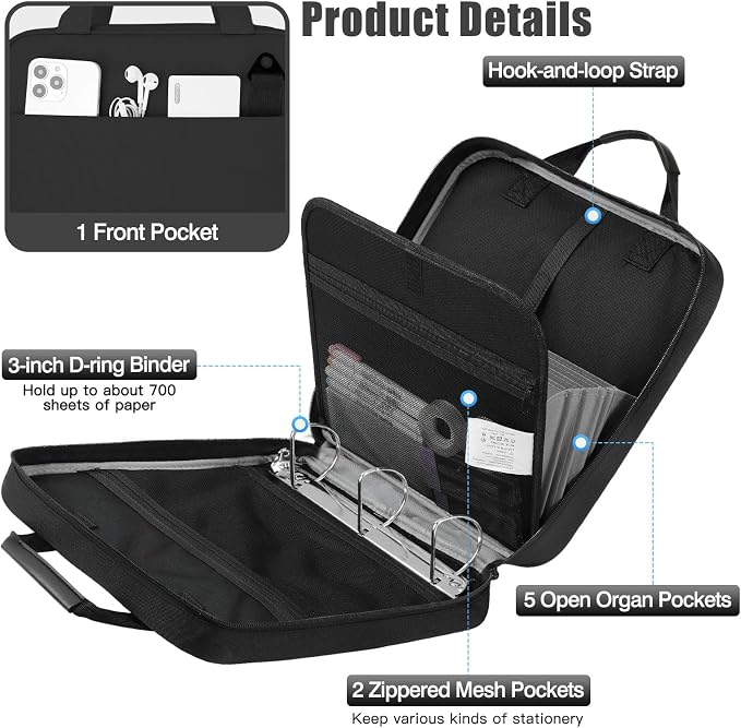 MoKo Zipper Binder, 3 Inch 3 D Ring, 5 Tab File Folders, 700 Sheets, Black | Water-repellent 900D Oxford fabric with 5 folders, 2 mesh pocket, reinforced handle and adjustable shoulder strap.