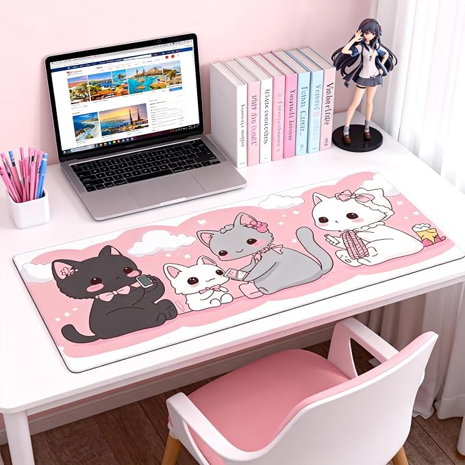 Cute Anime Cats Gaming Mouse Pad, Pink Kawaii Desk Mat with Anti-Slip Base & Stitched Edges,35.4" x 15.7" in Desk Accessories for Women, Home Office Decor & Artistic Gift