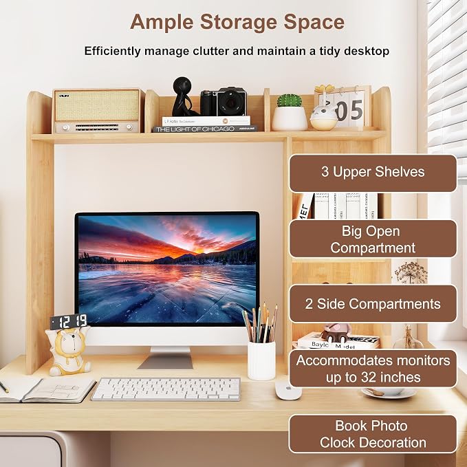 WAYTRIM Desk Shelf, Desk Hutch 3-Tier Desktop Bookshelf & Desk Organizer Shelf for Top of Desk, Wood Desktop Storage Shelf for Dorm, Office, Small Space, Desk Organizers and Accessories