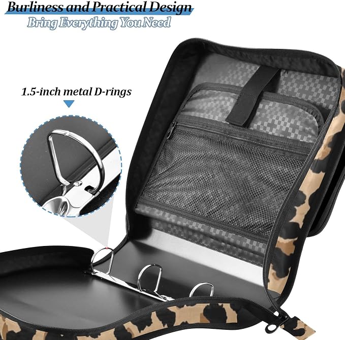 Leopard Brown Print Zipper Binder Bag 3 Ring with Shoulder Strap & Handle Multi Pocket Binder Organizer Bag Large Capacity for School Office Supplies