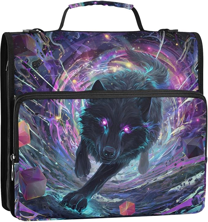 Black Wolf Purple Eyes Galaxy Zipper Binder Bag 3 Ring Binder with Shoulder Strap Zip Up 500 Sheets Capacity Multi Pockets for School Office Supplies