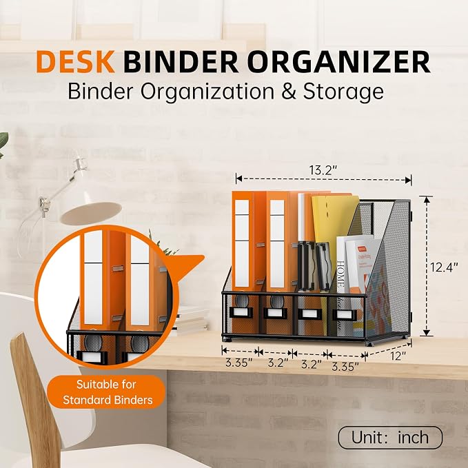 DALTACK 4-Slot Magazine File Holder, Metal Binder Holder, Black | Iron Mesh Construction, Labeled Sections for Easy Sorting, Anti-Slip Feet, Binder and Folder Storage for Office, Classroom