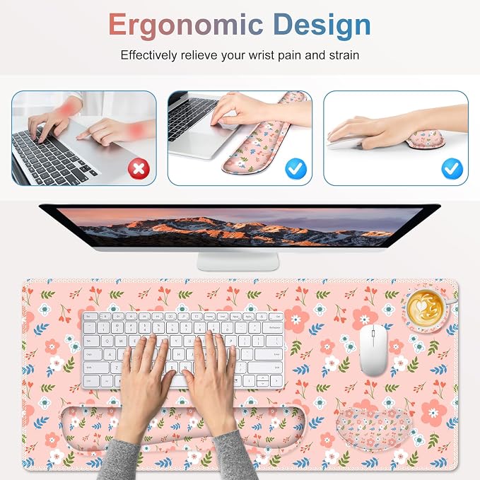 Large Gaming Mouse Pad Set, 4 in1 Ergonomics Keyboard Desk Mat with Memory Foam Wrist Rest, Computer Extended Game Mousepad, Non-Slip Desk Pad Matt Easy Typing Pain Relief I Retro Pastel Style