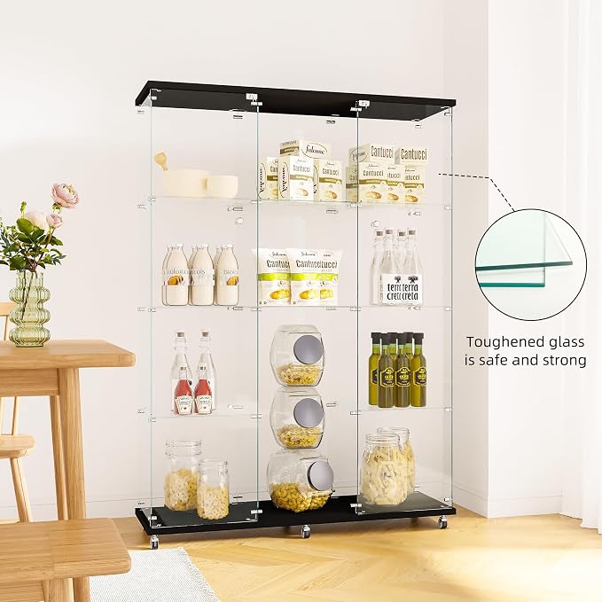 FLYMUHJIA Curio Cabinets with Glass Doors Modern Glass Shelves Tempered Glass Display Cabinet with Lock Figure Display Case (4-Shelf 3-Door, Black)