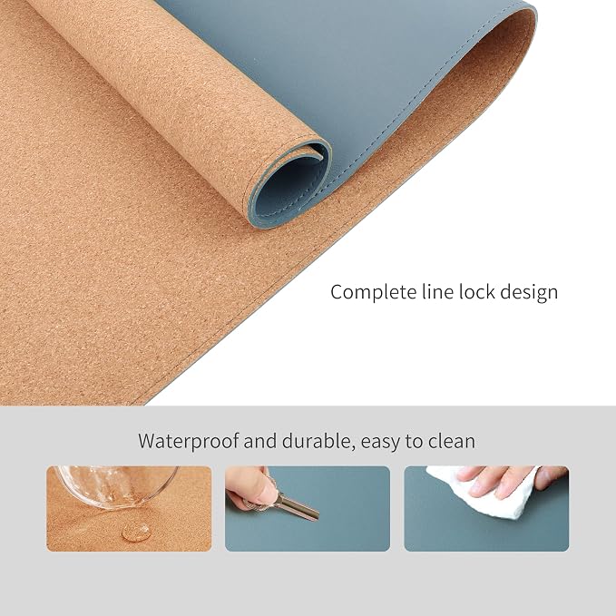 RENMTURE Dual-Sided Mouse Pad, Natural Cork & PU Leather Large Desk Pad for Office and Home Work, Desk Protector Non-Slip, Waterproof, Easy Clean (Blue Gray, 32"x16")