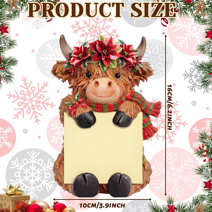 Thenshop Christmas Highland Cow Pop up Sticky Note Dispenser with 100 Sheet | Christmas Sticky Note Holder, Highland Cow Desk Accessories, Resin, Red Green Poinsettia, Back to School Classroom, 3 x 3inch