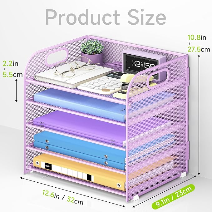 Cawukege 2 Pack 5 Tier Paper Organizer, Letter Tray with Handle, Mesh Desk Organizer, Metal File Organizer, Office Desk Accessories for Home, Office, Classroom, School -Purple