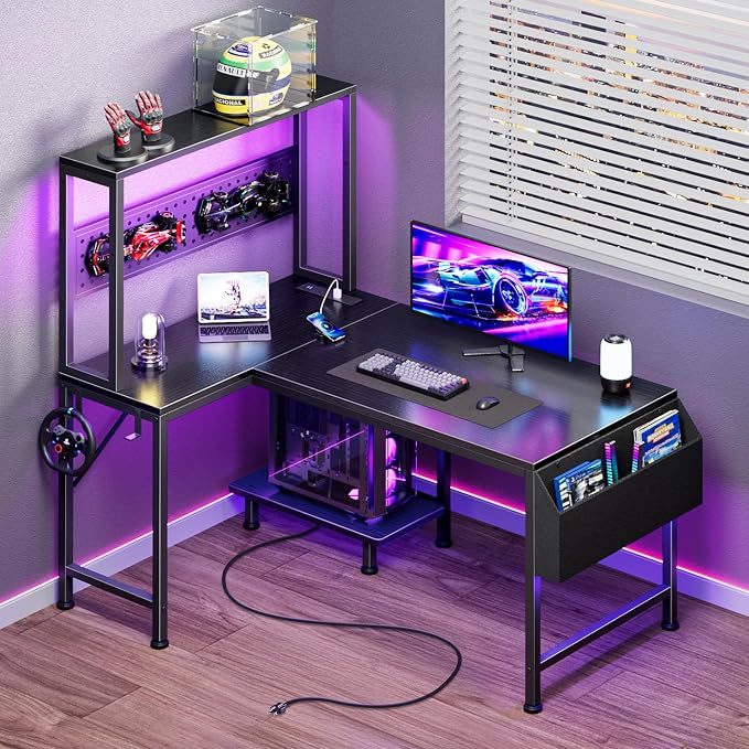 L Shaped Gaming Desk with LED Lights & Power Outlets | Reversible Computer Desk with Storage Shelves & Bag, Small Corner Home Office Desk with Pegboard for Work from Home, Black