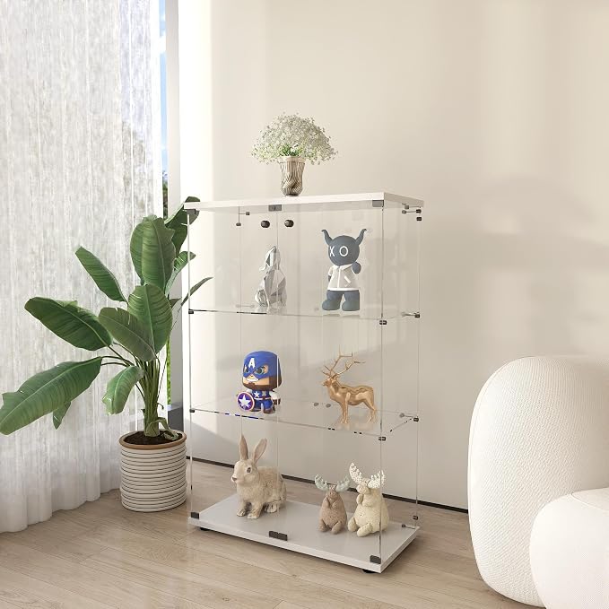 Frameless Glass Display Cabinet, Curio Cabinet with Lock and 2 Doors, Quick-Install Floor Standing Showcase Display Shelf for Collectibles, Legos, Figures, Plants