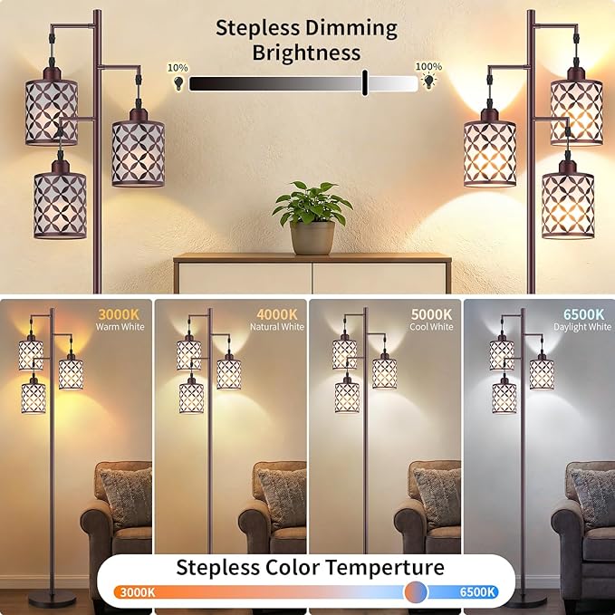 Dimmable Floor Lamp, Farmhouse Standing Lamp with Elegant Metal Cage, Industrial Tall Tree Floor Lamps for Living Room Bedroom Study Office with Remote & 3 x 1100LM 12W LED Bulbs, 72" Brown