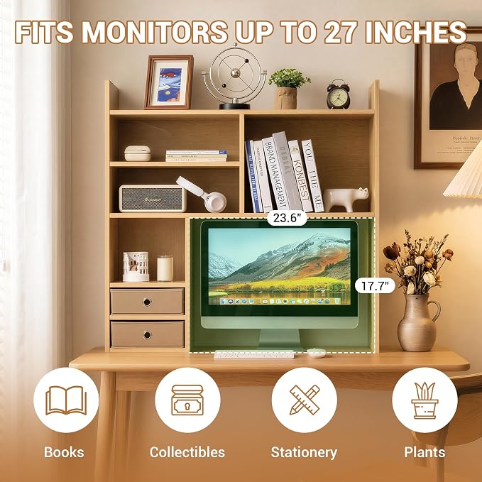 deli Desktop Bookshelf, High-Capacity Desk Hutch Organizer, Natural | with 7 Shelves and 2 Drawers for Computer Desk, Desk Shelf Organizer for Dorm Office Home