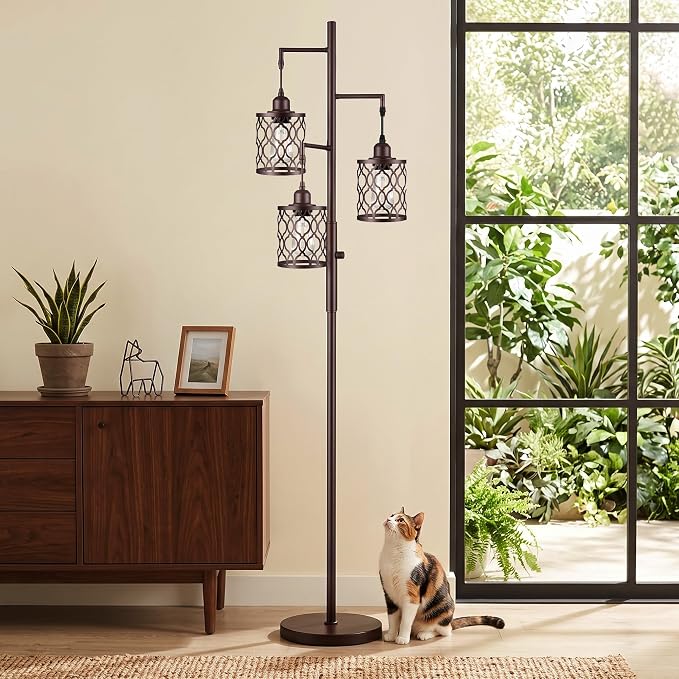 73" Dimmable Farmhouse floor lamps for living room, Industrial Tree Floor Lamp with 3 X 6W LED Bulbs, Stepless Dimming, Metal Cage Shades, 3 Light Rustic Standing Tall Lamp for Bedroom, Office, Brown