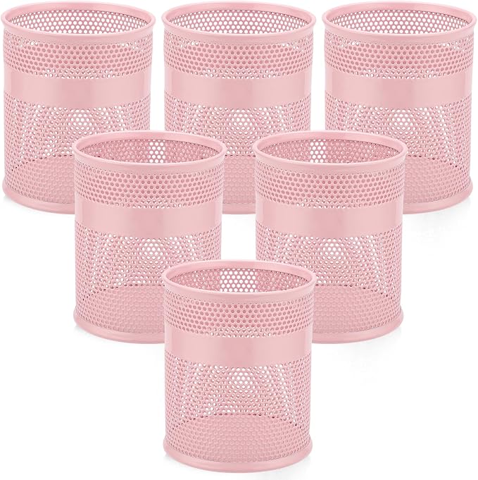 Segarty Pencil Holder, 6 Pack Pink Pen Holder, 3.3 x 3.9 inch Pencils Cups Holder, Round Metal Pens Container Organizer for Office Supplies, School Classroom, Makeup Brush, Home Storage