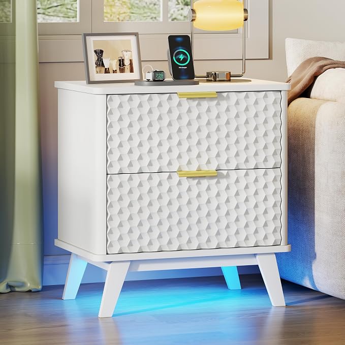 Smart Nightstand with Charging Station and LED Lights | 23.62" Wide Night Stand with 2 Drawers, Motion Sensor Motion-Activated Underlight, Honeycomb Bedside Table for Bedroom, White