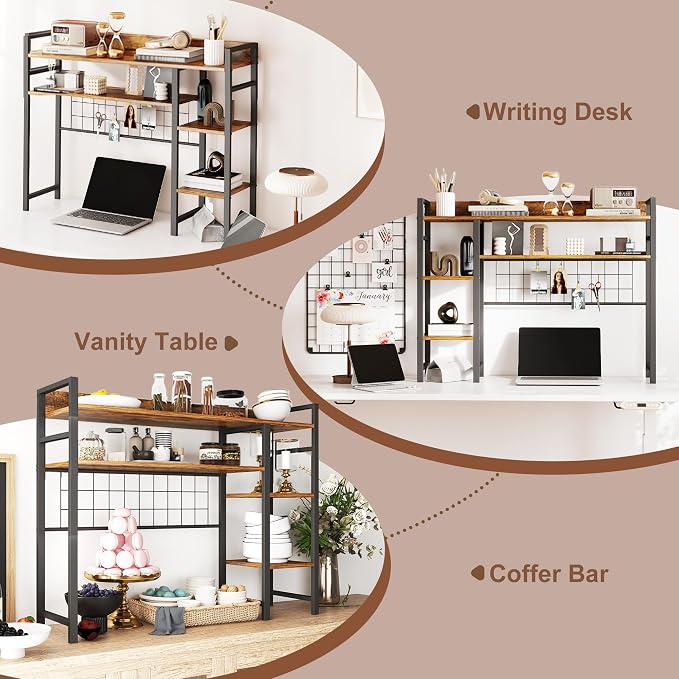 WAYTRIM Desk Shelf, Wood Desk Organizer Shelf 4 Tier Countertop Desktop Bookshelf Cubicle Storage Rack Top of Desk, Desk Hutch Dorm for Top of Desk Pegboard Hooks Set Desktop Display Rack (Brown)
