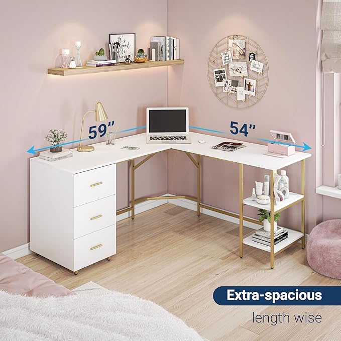 Techni Mobili 59" Two-Tone L‑Shaped Office Desk with Storage Shelves, Gold | 59" two‑tone L‑shaped desk with storage shelves, durable frame, modern corner workstation, spacious home office writing space