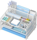 3 Tier Mesh Paper Desk Organizer with Pen Holders, White | Features 3 pen holders, and 5 adjustable compartments for office school home desk storage