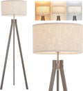 ELYONA Farmhouse Wood Tripod Floor Lamp, Modern Reading Standing Lamp with 3 Color Temperatures LED Blub & Nature Linen Shade, Night Light for Living Room, Bedroom, Study Room, Office, Grey