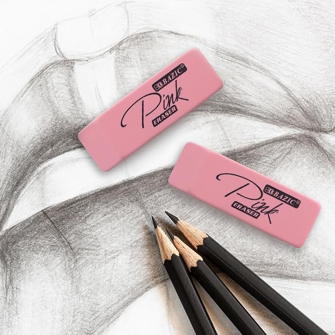 BAZIC Products Pink Bevel Block Erasers, Latex-Free, PVC-Free, 12 Count