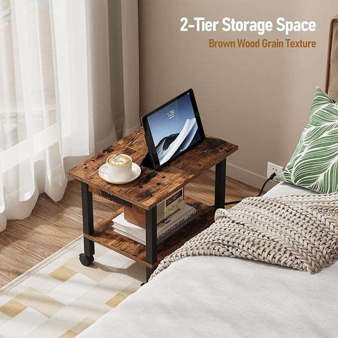 TUTOTAK Printer Stand, 2 Tier Rolling Printer Cart with Charging Station | Small Under Desk Printer Table with Wheels for Small Space, Office, Home, Brown PS01BB001P