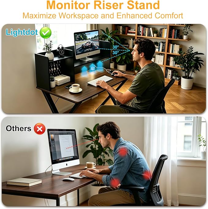 Lightdot 44" ×24" Black Home Office Computer Desk with Charging Ports, Study Gaming Desk with Hutch Pegboard & Motion Sensor Light, Student Writing Desk with Storage for Home Office Bedroom