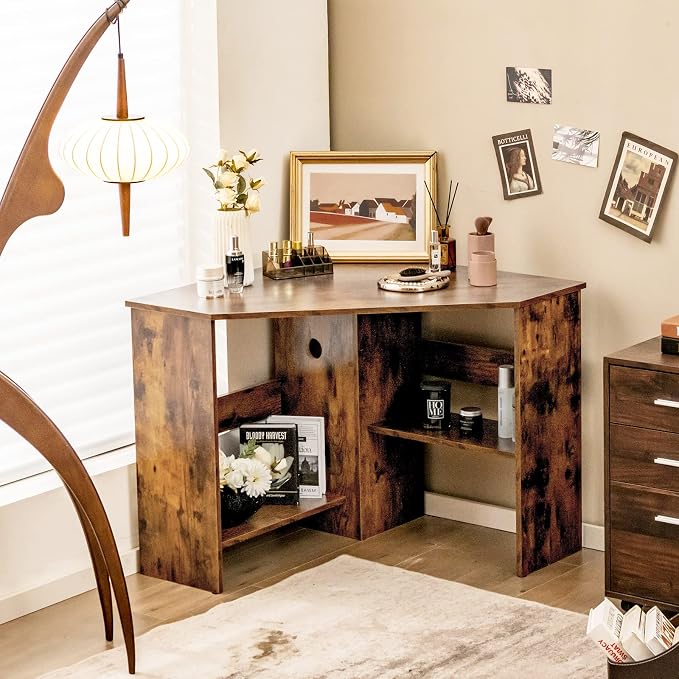 Tangkula Corner Desk, 90 Degrees Triangle Computer Desk for Small Space, Bedroom Makeup Vanity Desk with Storage Shelves & CPU Stand, Space Saving